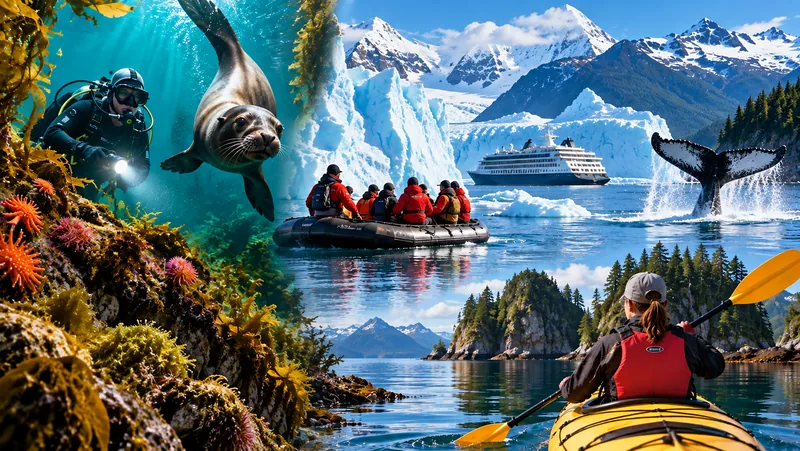 Collage of Canadian adventure travel: scuba diving, expedition zodiac, and kayaking