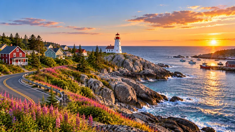 Lighthouse on the Atlantic Canada coastline at sunset