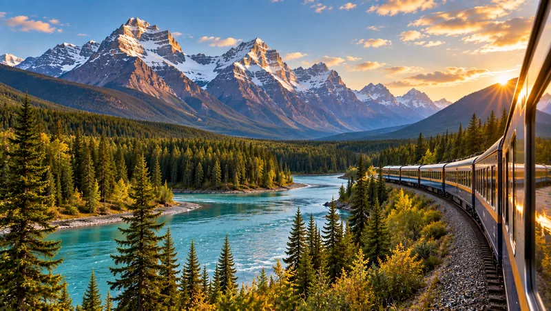 Train travelling alongside a mountain river in Canada