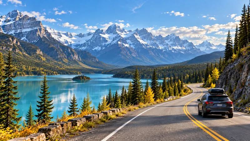 SUV driving a lakeside highway in the Canadian Rockies