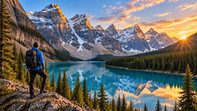 Hiker above Moraine Lake in the Canadian Rockies