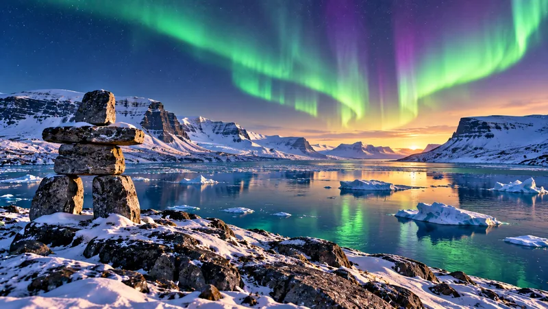 Northern lights over an Arctic landscape in northern Canada