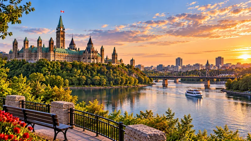 Parliament Hill and the Ottawa River at sunset