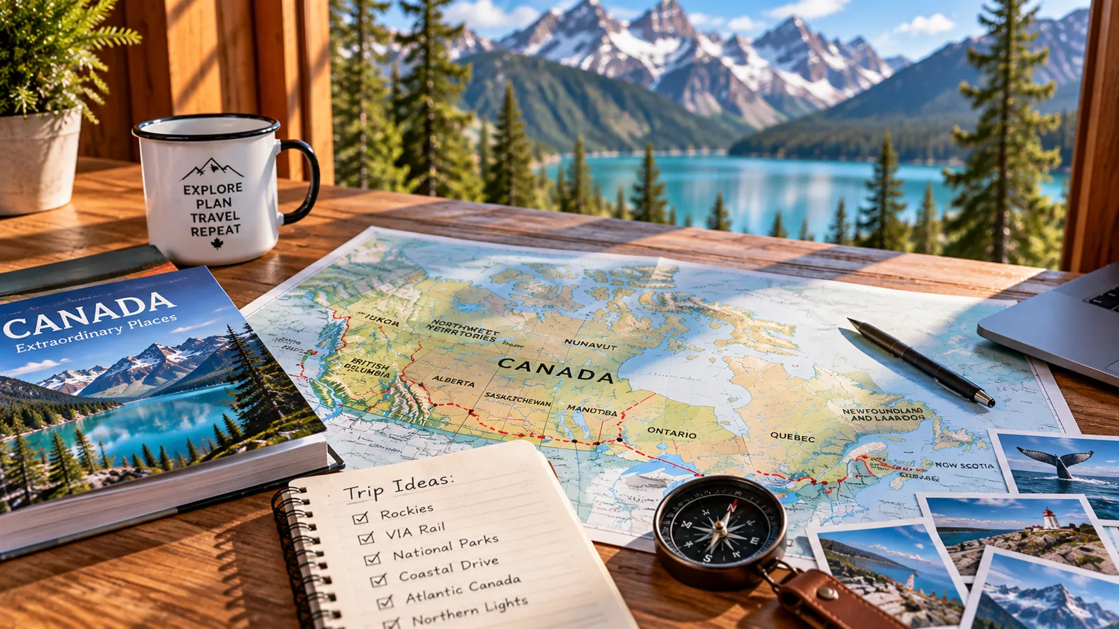 Canada map and trip-planning notebook on a cabin table